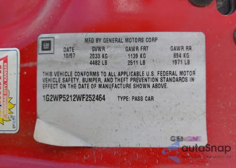 1998 Pontiac Grand Prix Gt из США, поврежденный, VIN 1G2WP5212WF252464